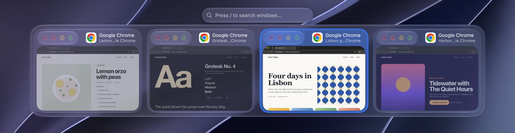 The window switcher showing four windows