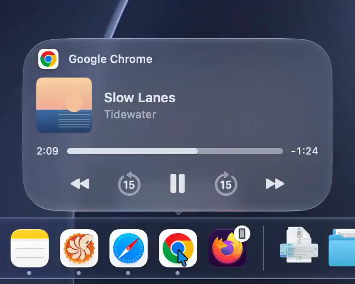 A music player shown when hovering an app that's playing audio