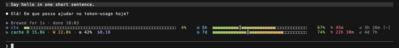 The token-usage band above the Claude Code prompt
