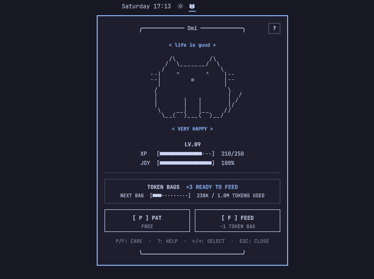 The Omi the Cat care panel, showing the ASCII cat above its XP and JOY meters and the pat and feed actions