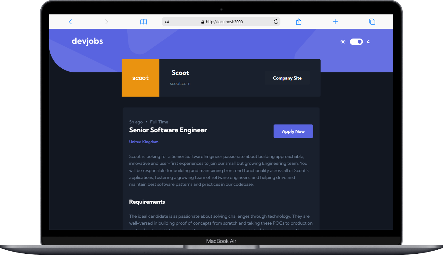 Devjobs web app Desktop View