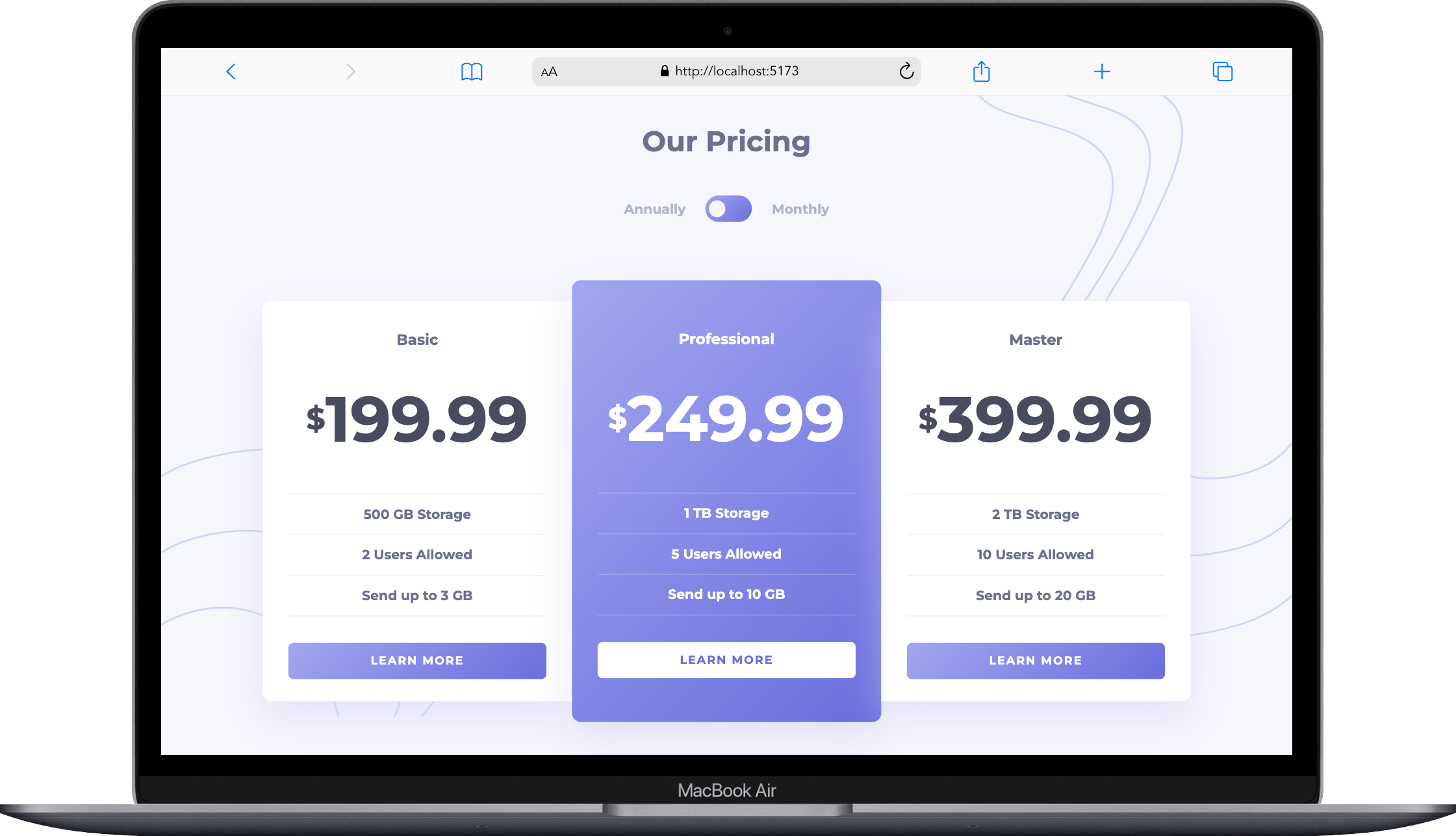 Pricing component with toggle coding