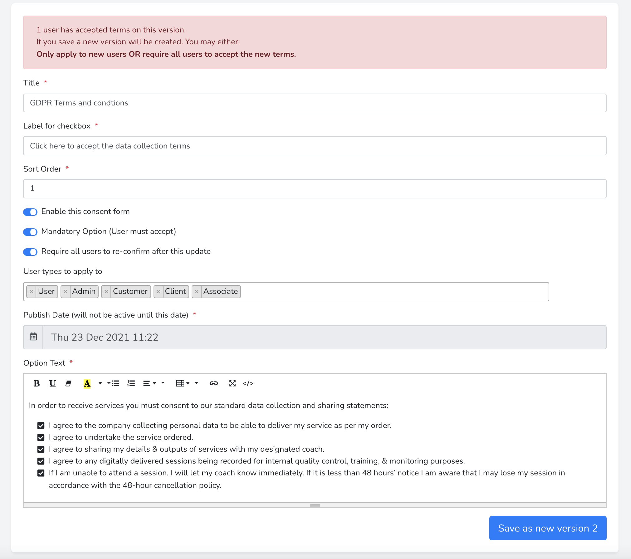Add / Edit Consent Options