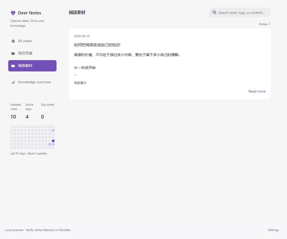 Browse a folder with readable note previews and visible activity