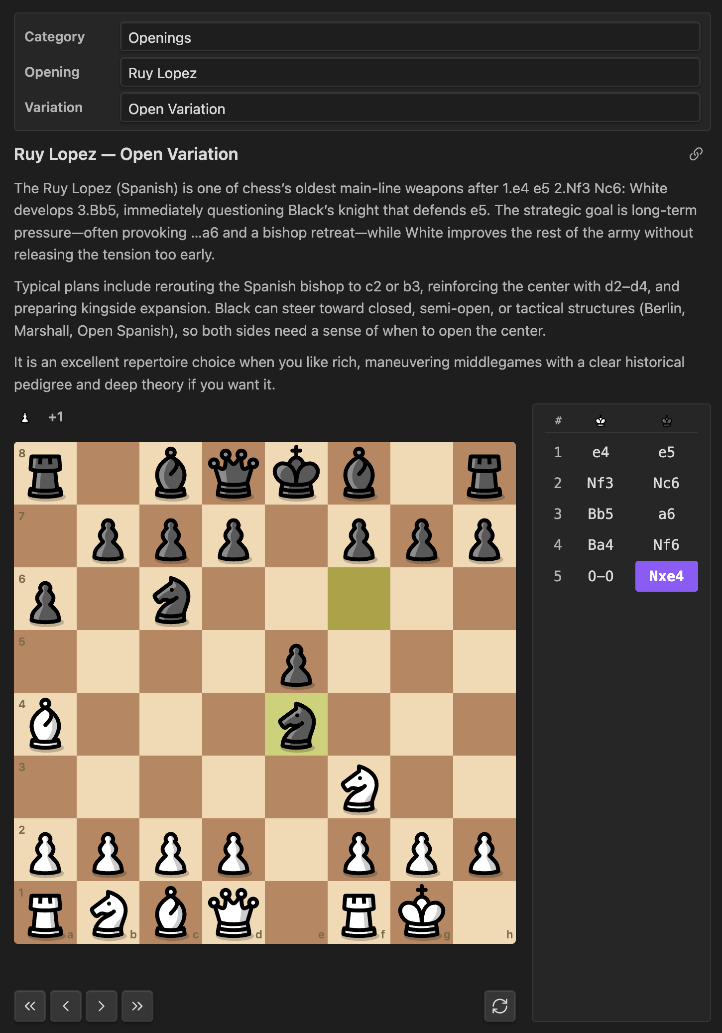 Opening study — board and move list