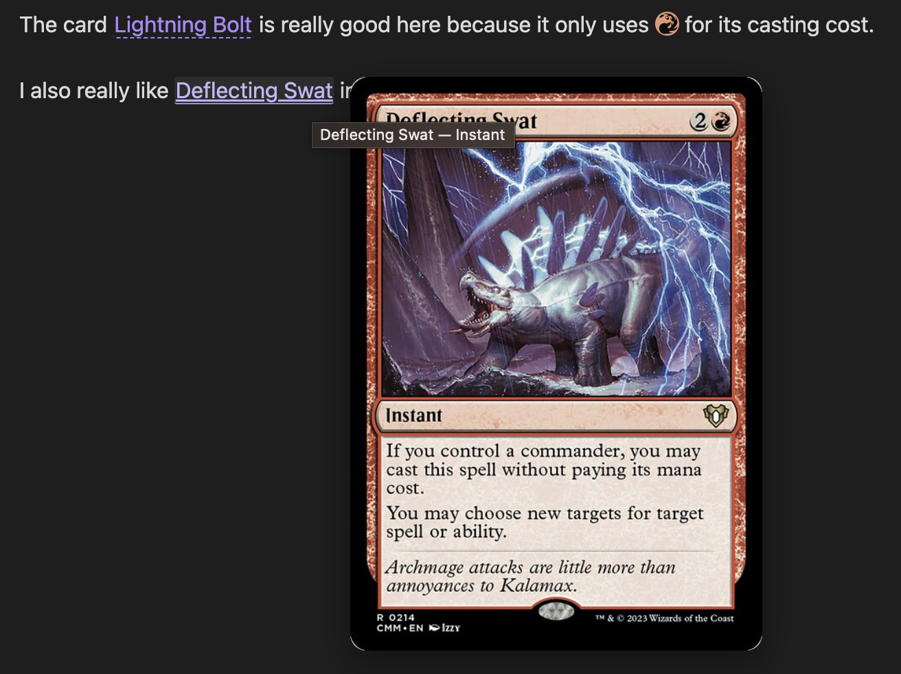 MTG Decklist inline mana and card links