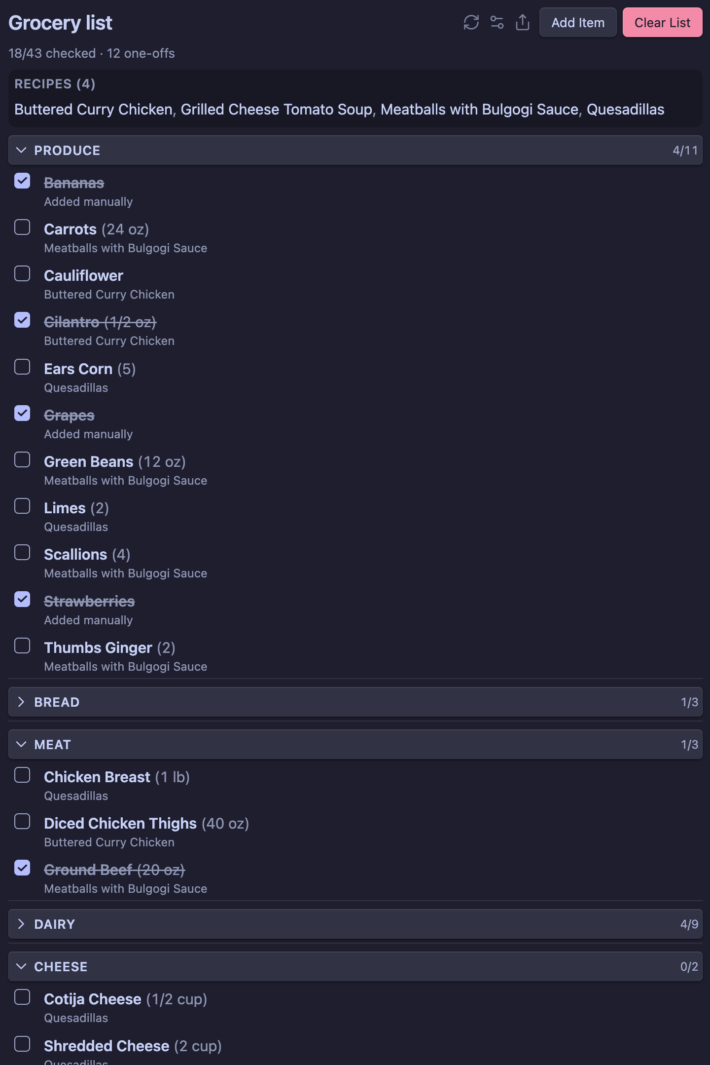 Pantry grocery list view in Obsidian