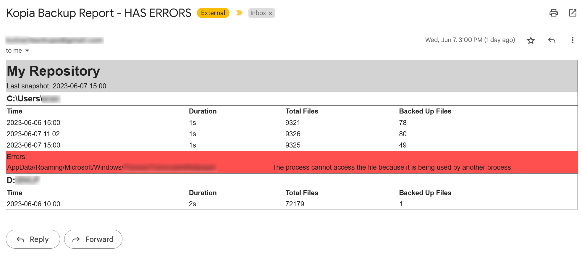 Example error report