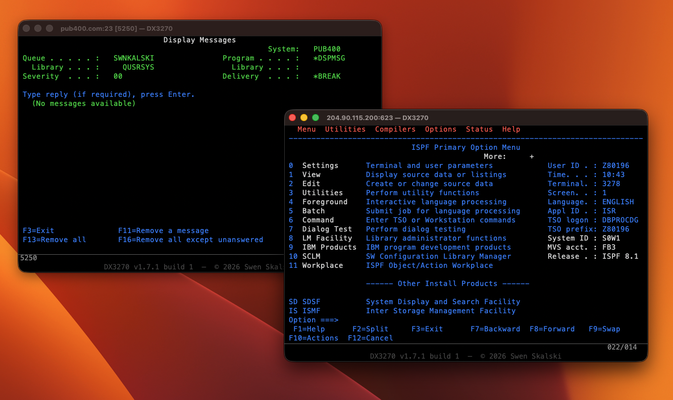 ISPF Primary Option Menu running inside DX3270 and i Series in multisession