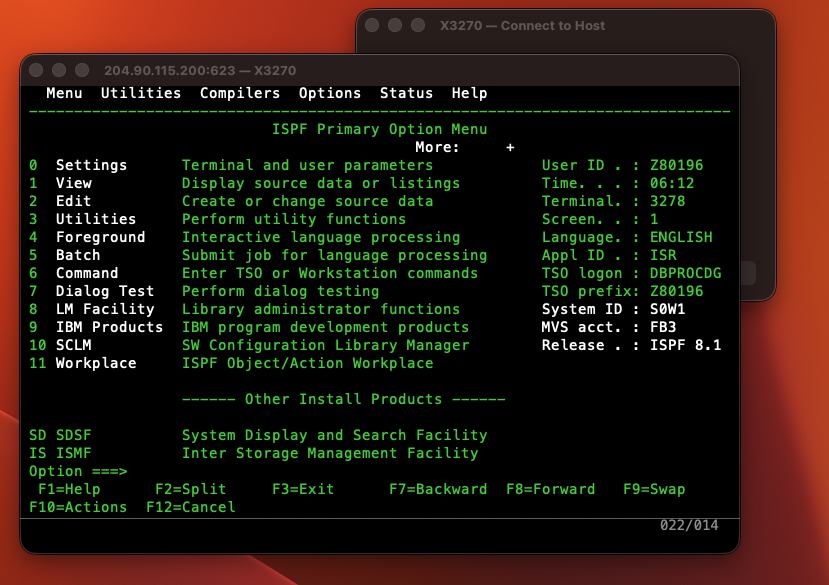 ISPF Primary Option Menu running inside DX3270