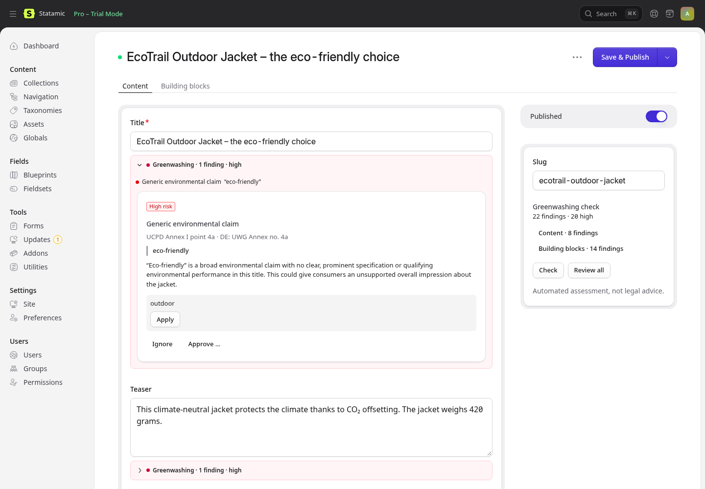 Findings in the entry editor