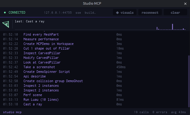 The Studio MCP panel, showing calls and their latency
