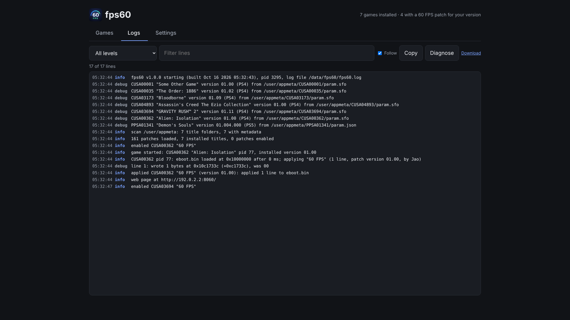 fps60 Logs tab