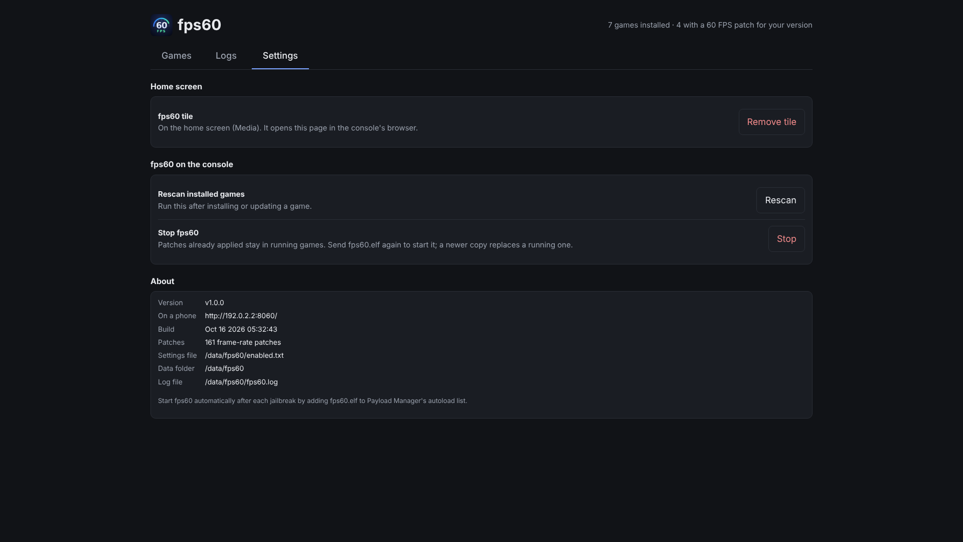 fps60 Settings tab