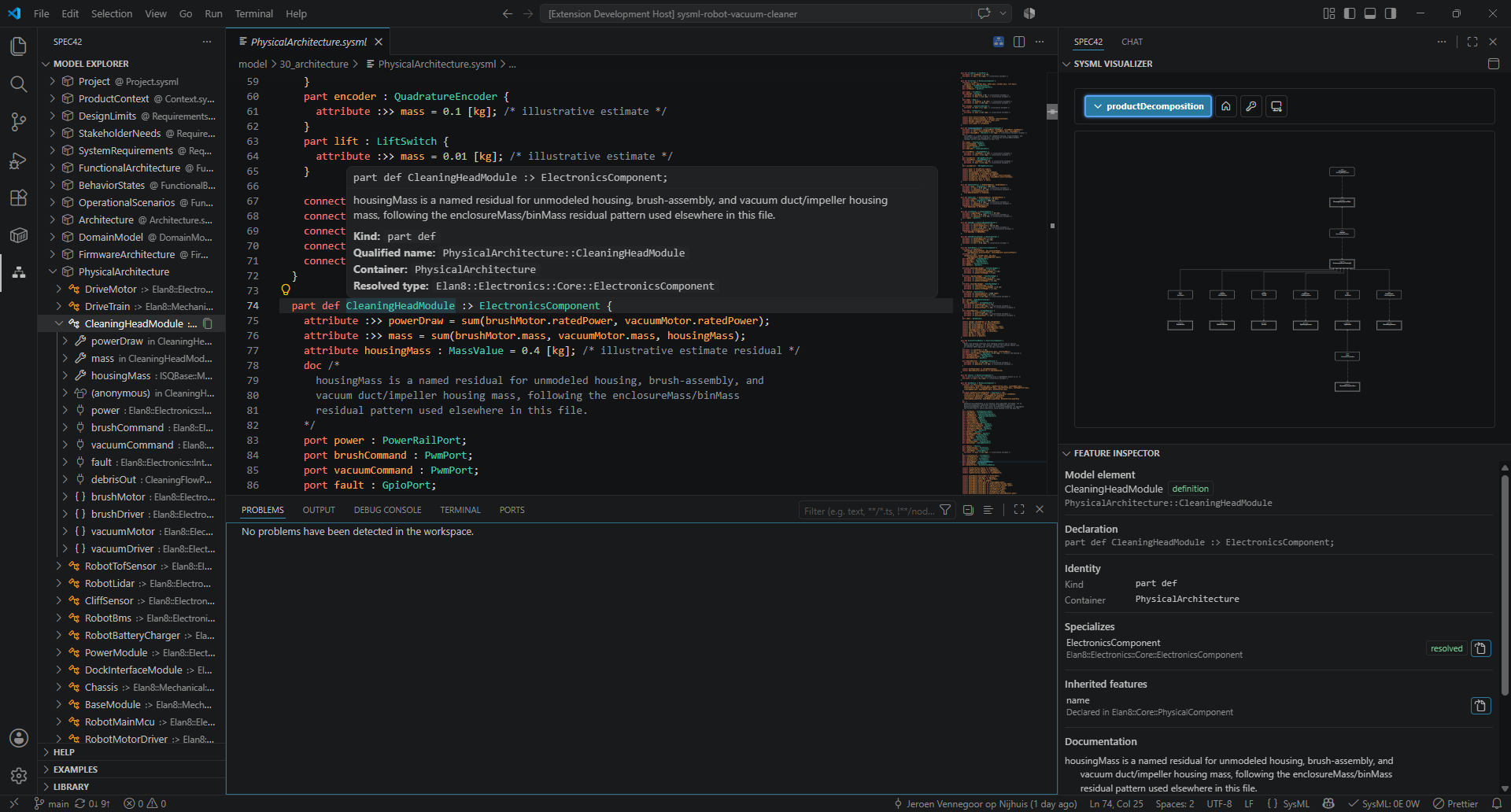 Spec42 SysML v2 editor with the diagram view and Feature Inspector