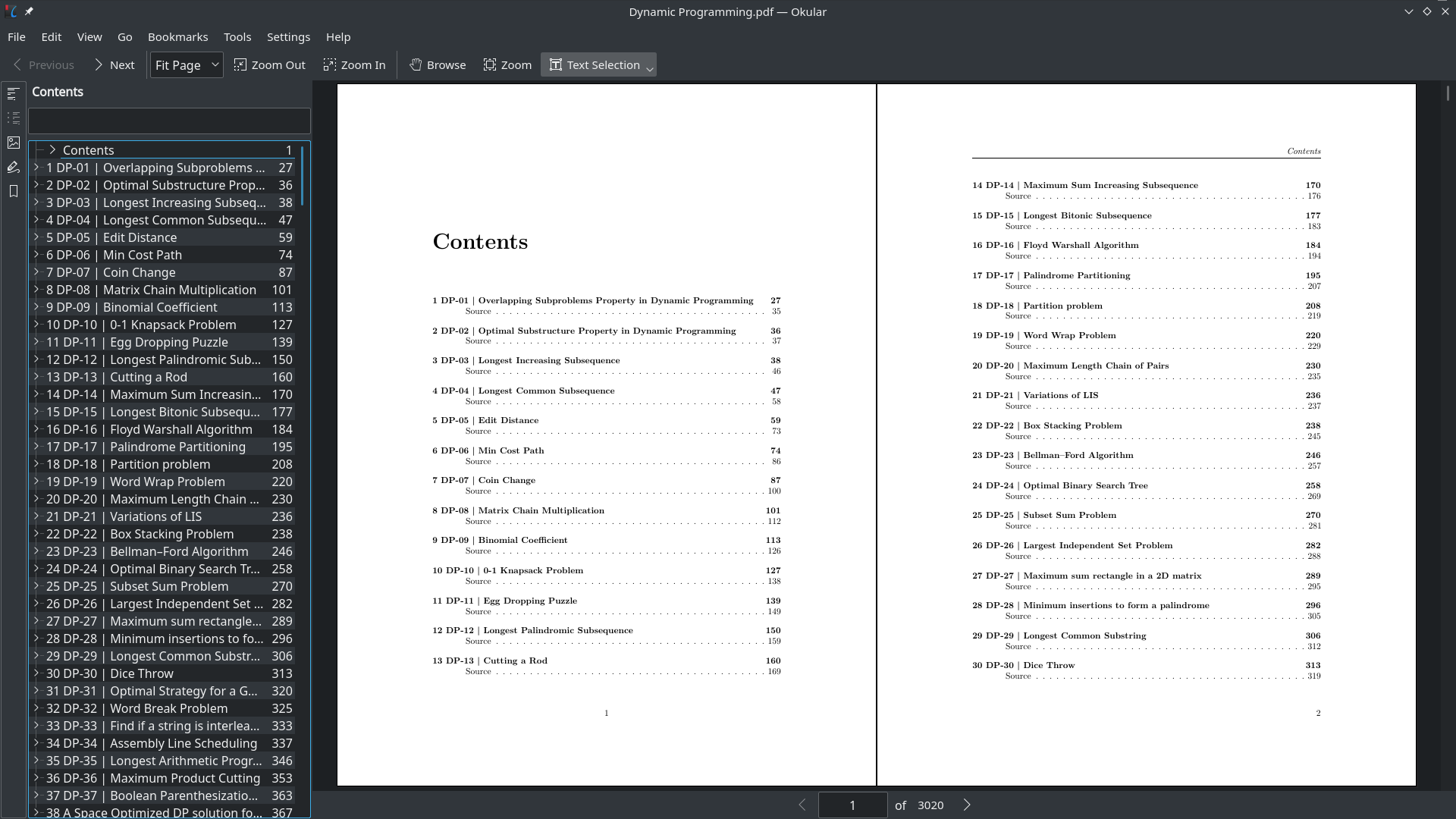 Table of Contents of the Dynamic Programming Book.