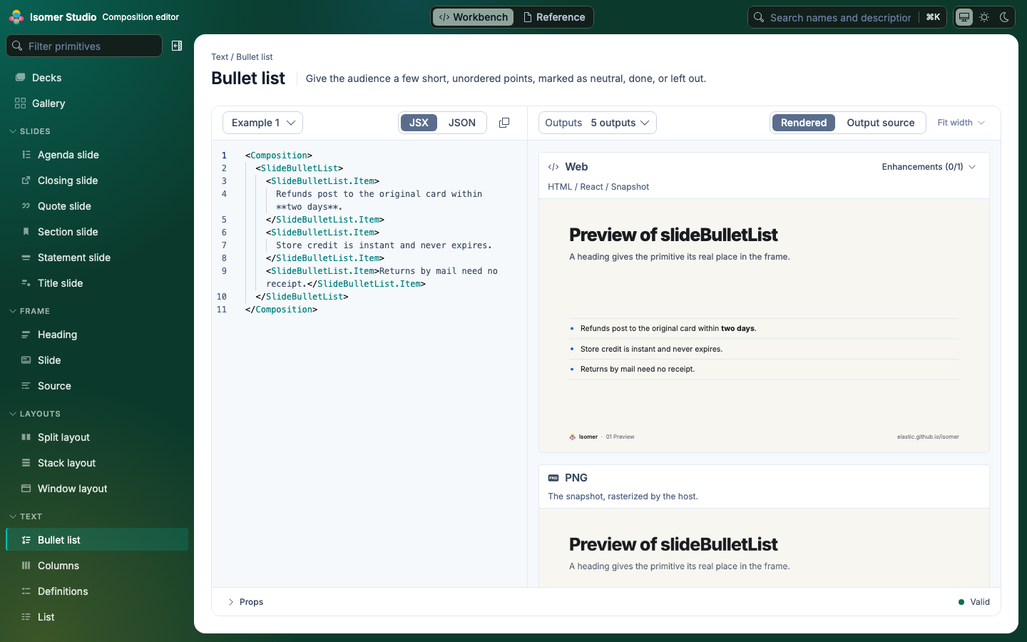 The Workbench: a composition's JSX beside its Web, PNG, Slack, Markdown and text output
