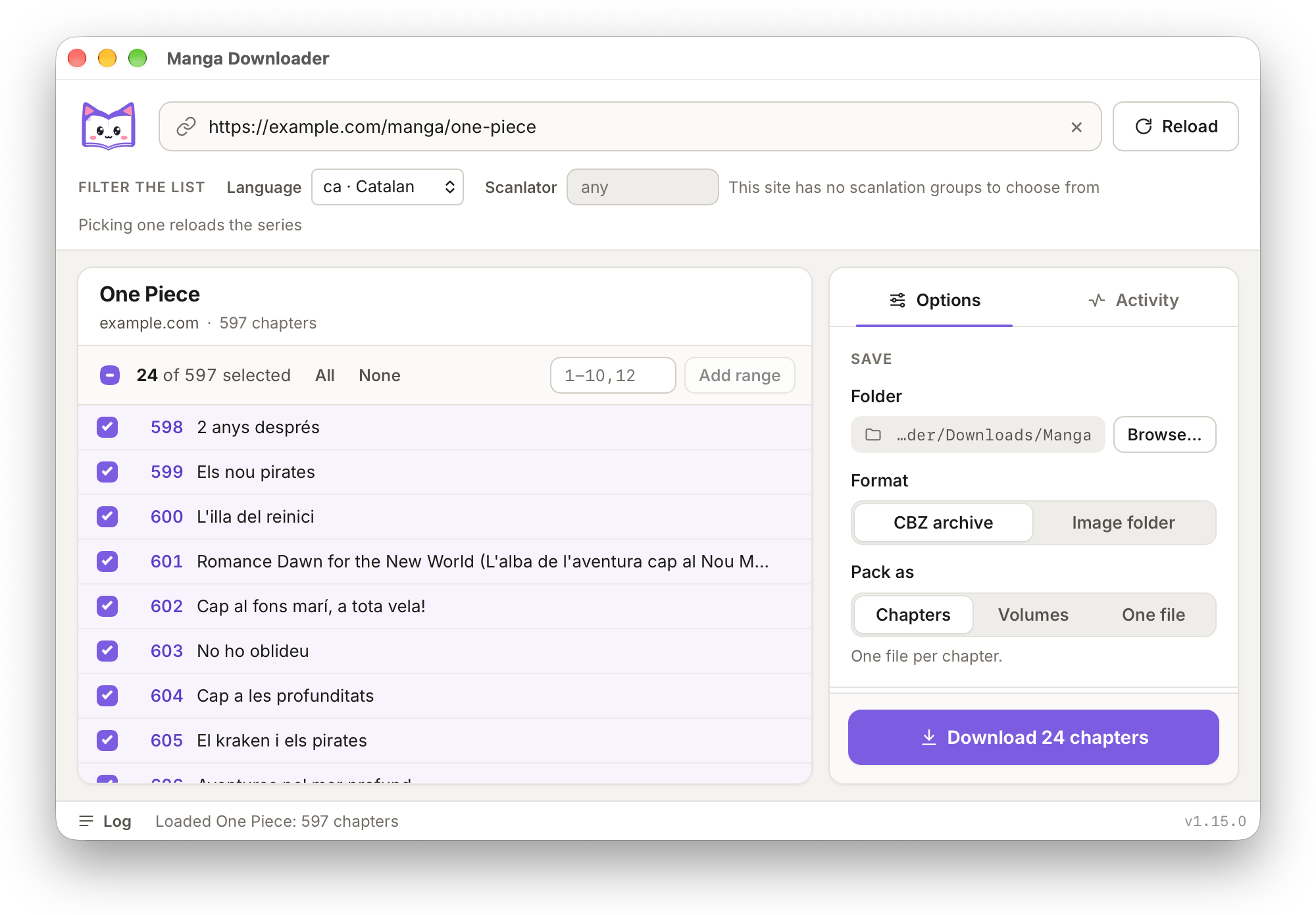 The Manga Downloader desktop app with a series loaded