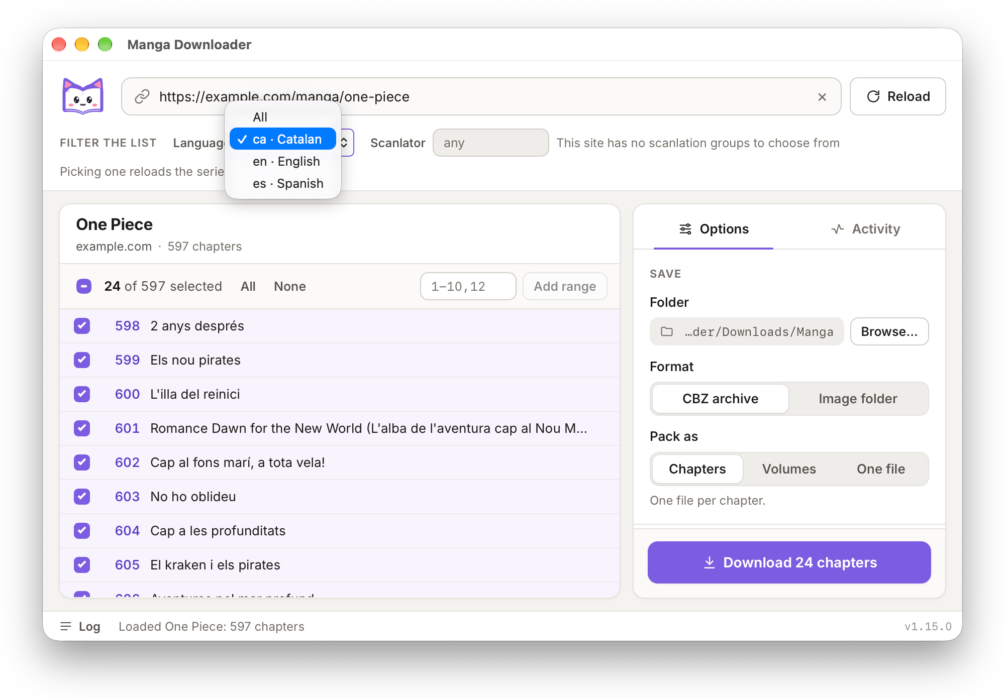 The language selector open, with Catalan selected