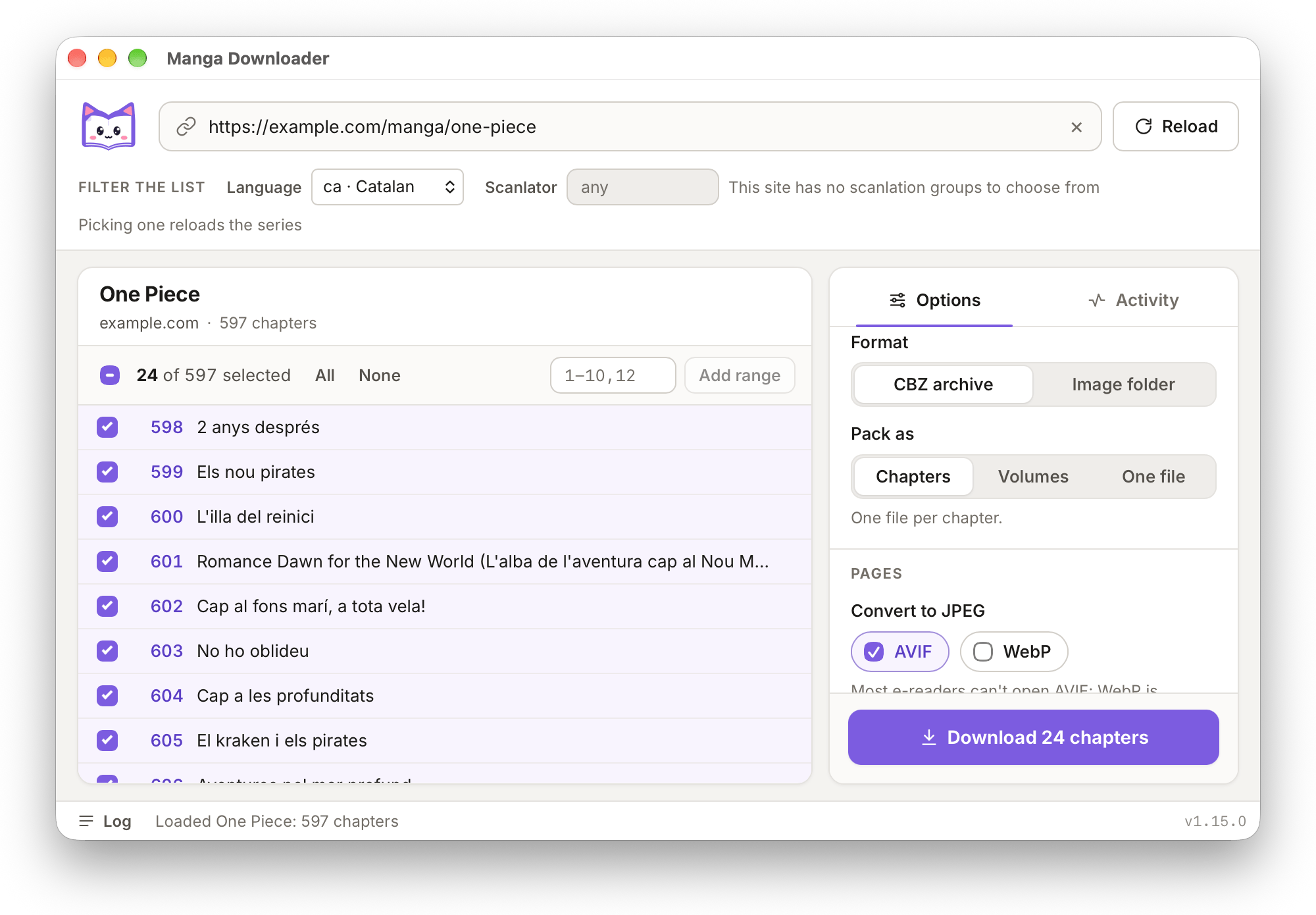 The Options tab, with the format, Pack as and Convert to JPEG options