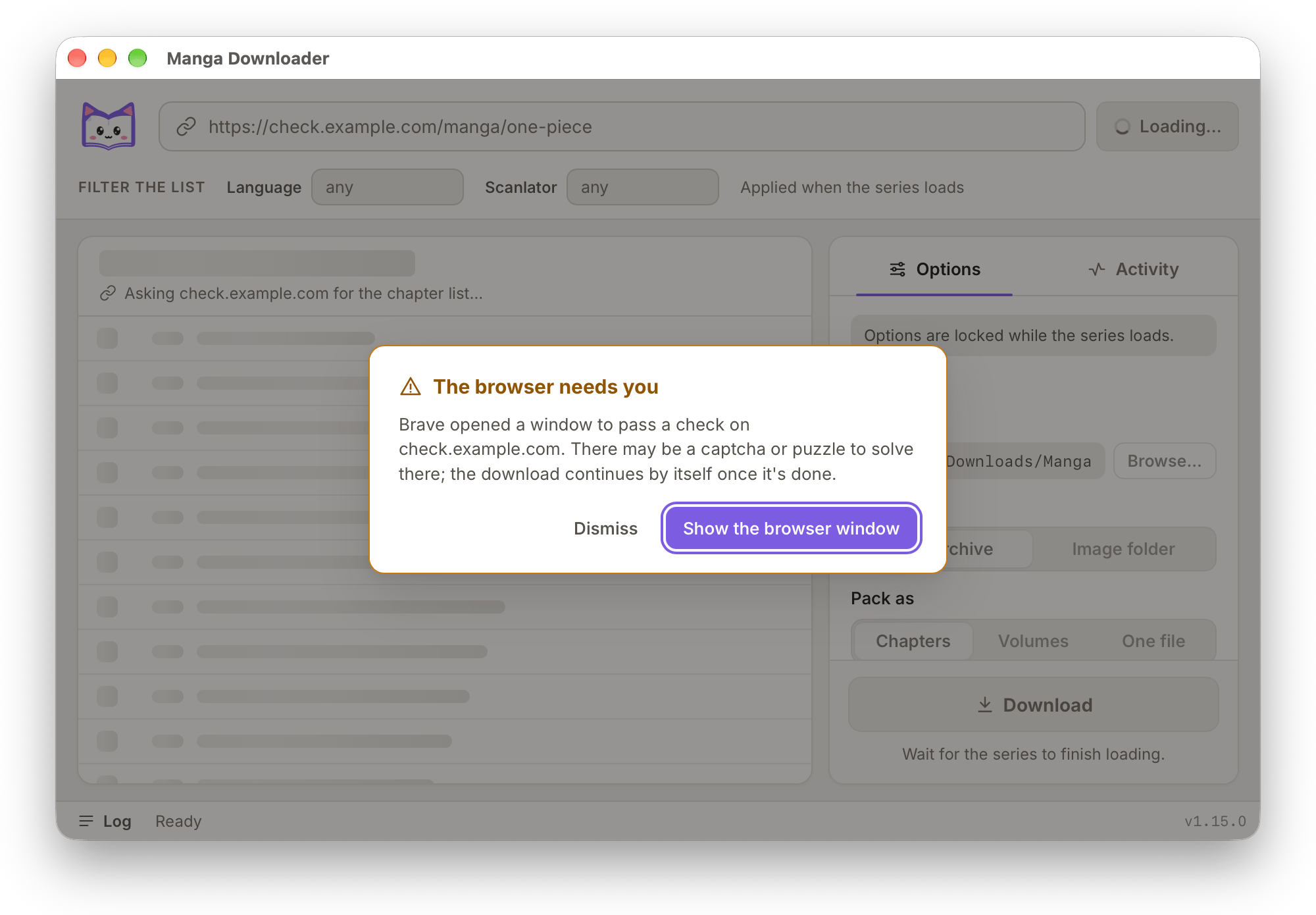 The app's alert asking you to look at the browser window, with Dismiss and Show the browser window buttons