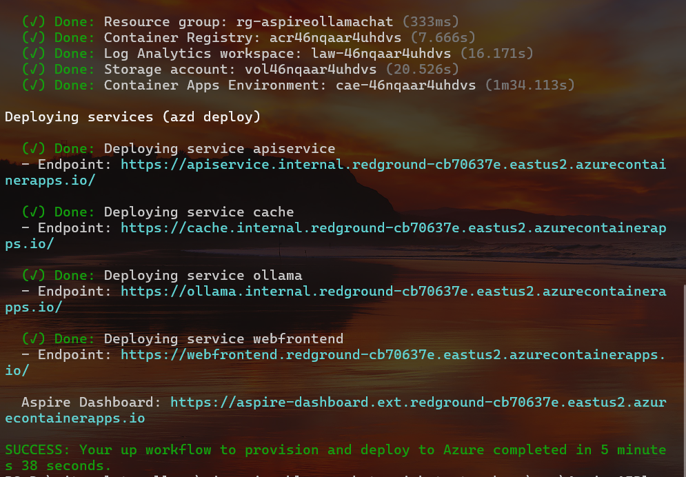 Console deploy complete including the endpoint URIs for service apiservice, service cache, service ollama service, service webfrontendand Aspire Dashboard