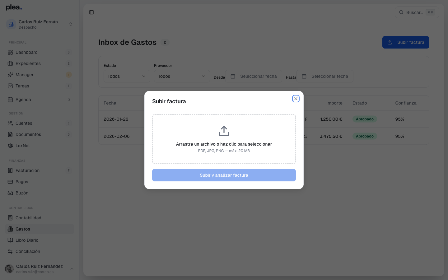 Modal de subir factura