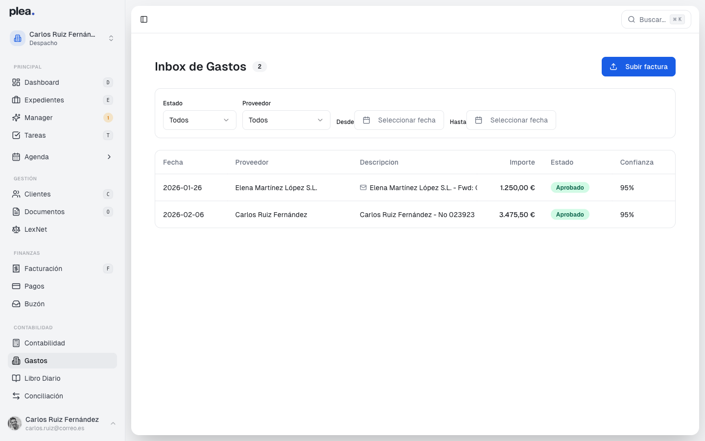 Vista principal de la página de gastos