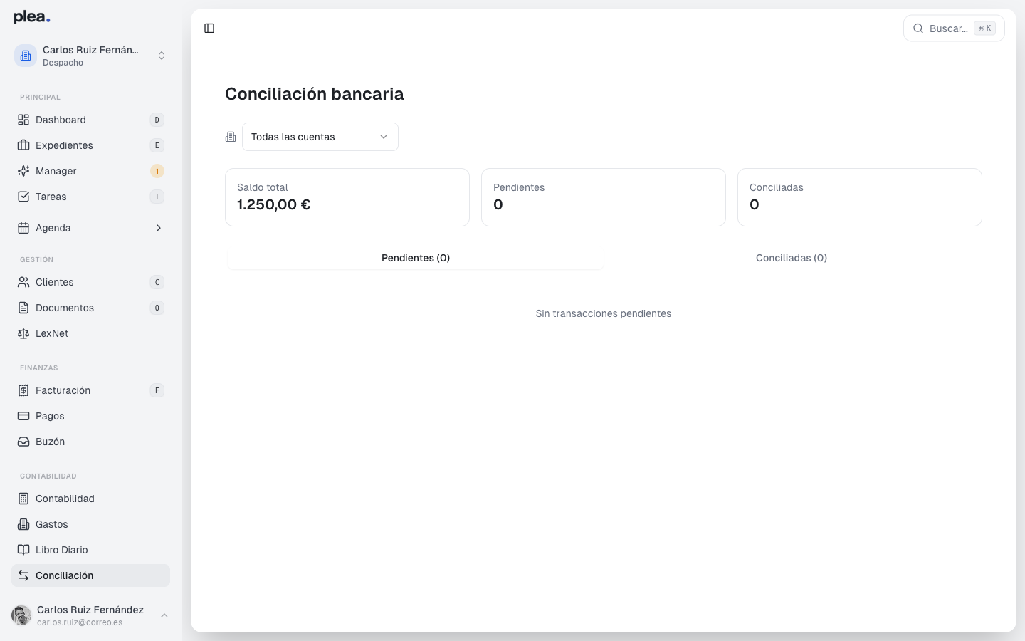Vista completa de la página de conciliación