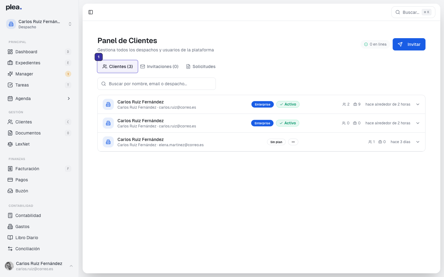 Vista de la sección de Clientes