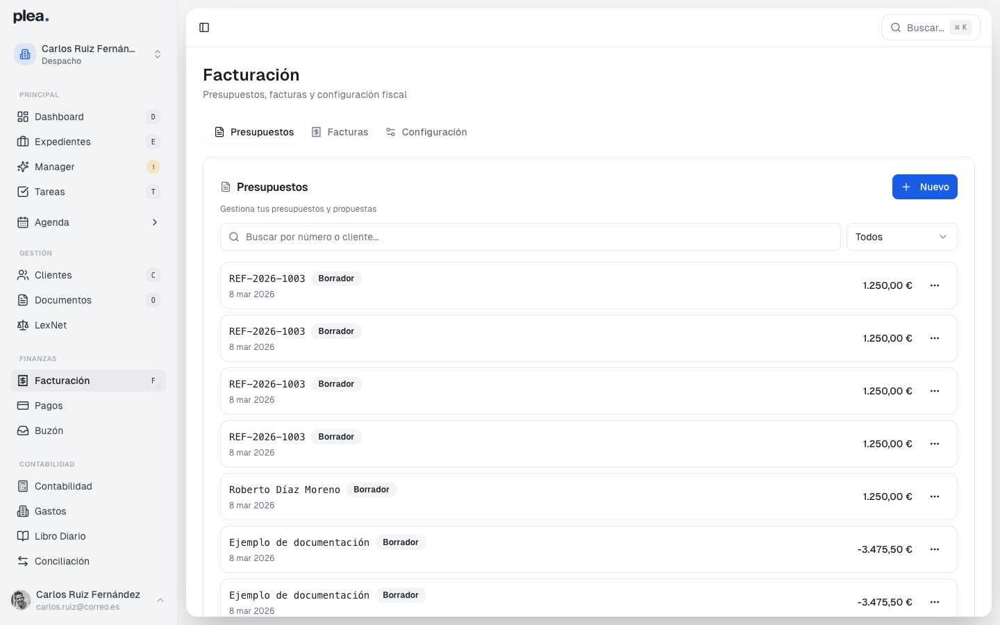 Vista principal de la página de facturación