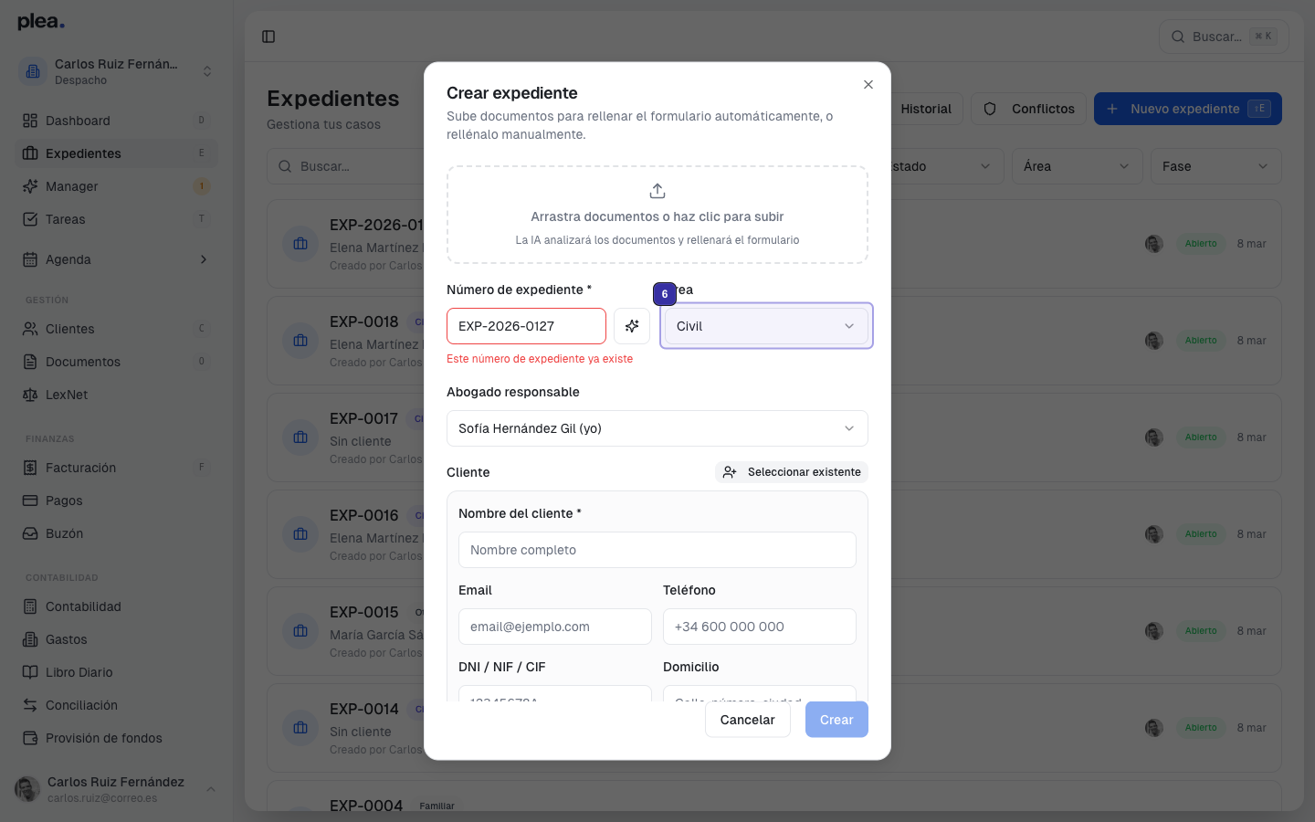 Error de número de expediente existente