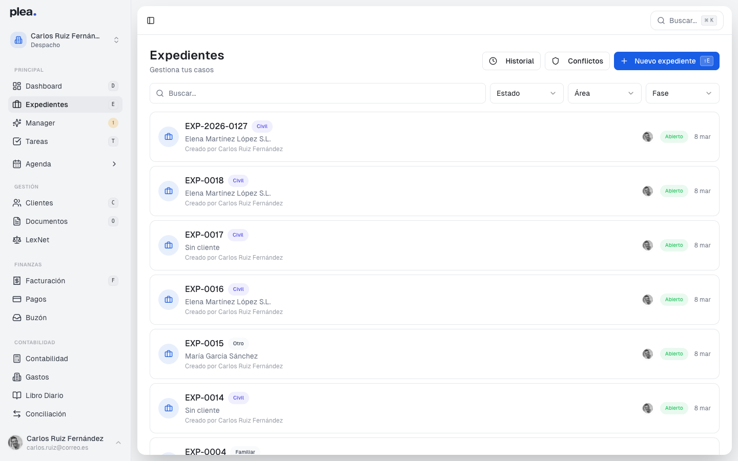 Vista principal de la página de expedientes