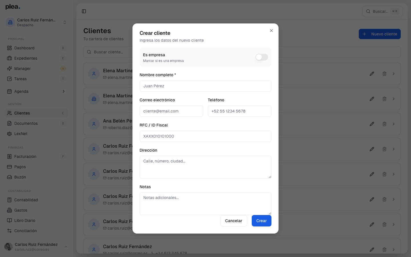 Formulario de cliente vacío