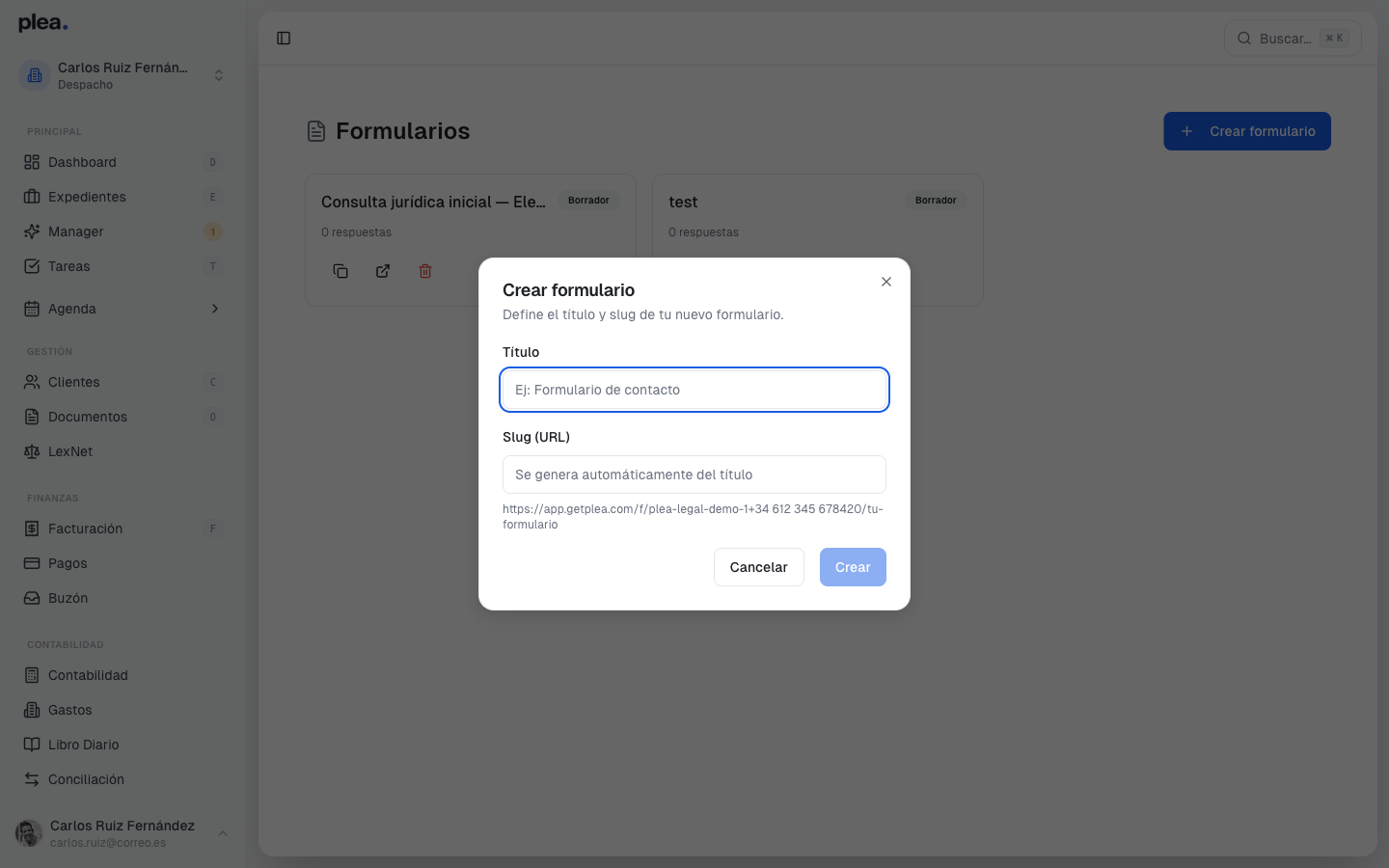 Modal de creación de formulario