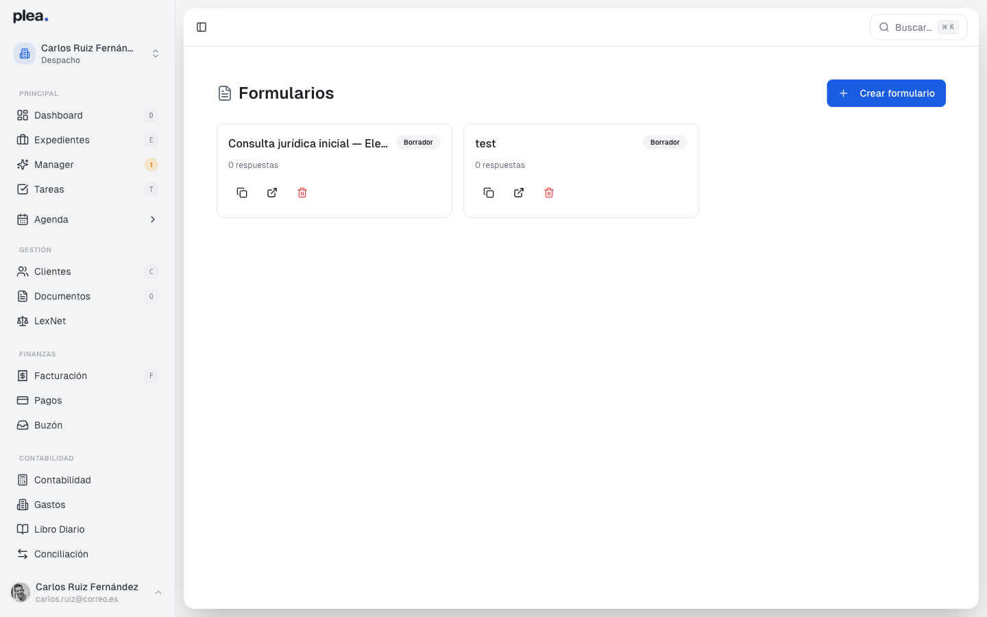 Vista principal de la página de formularios