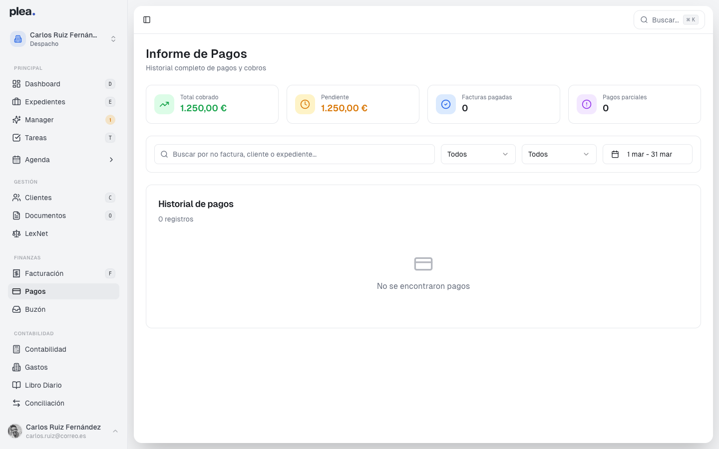 Vista principal de la página de Pagos