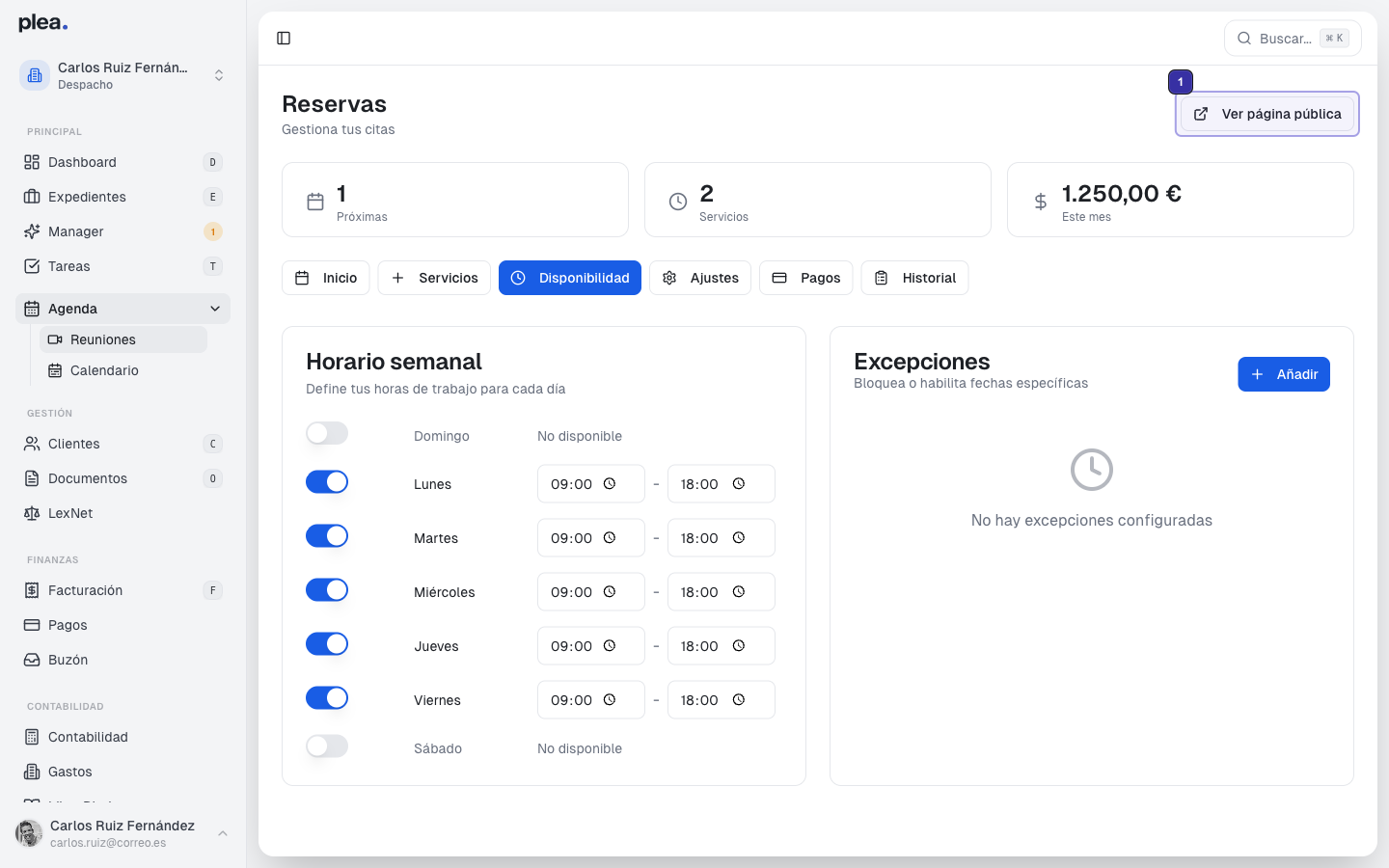 Configuración del horario semanal