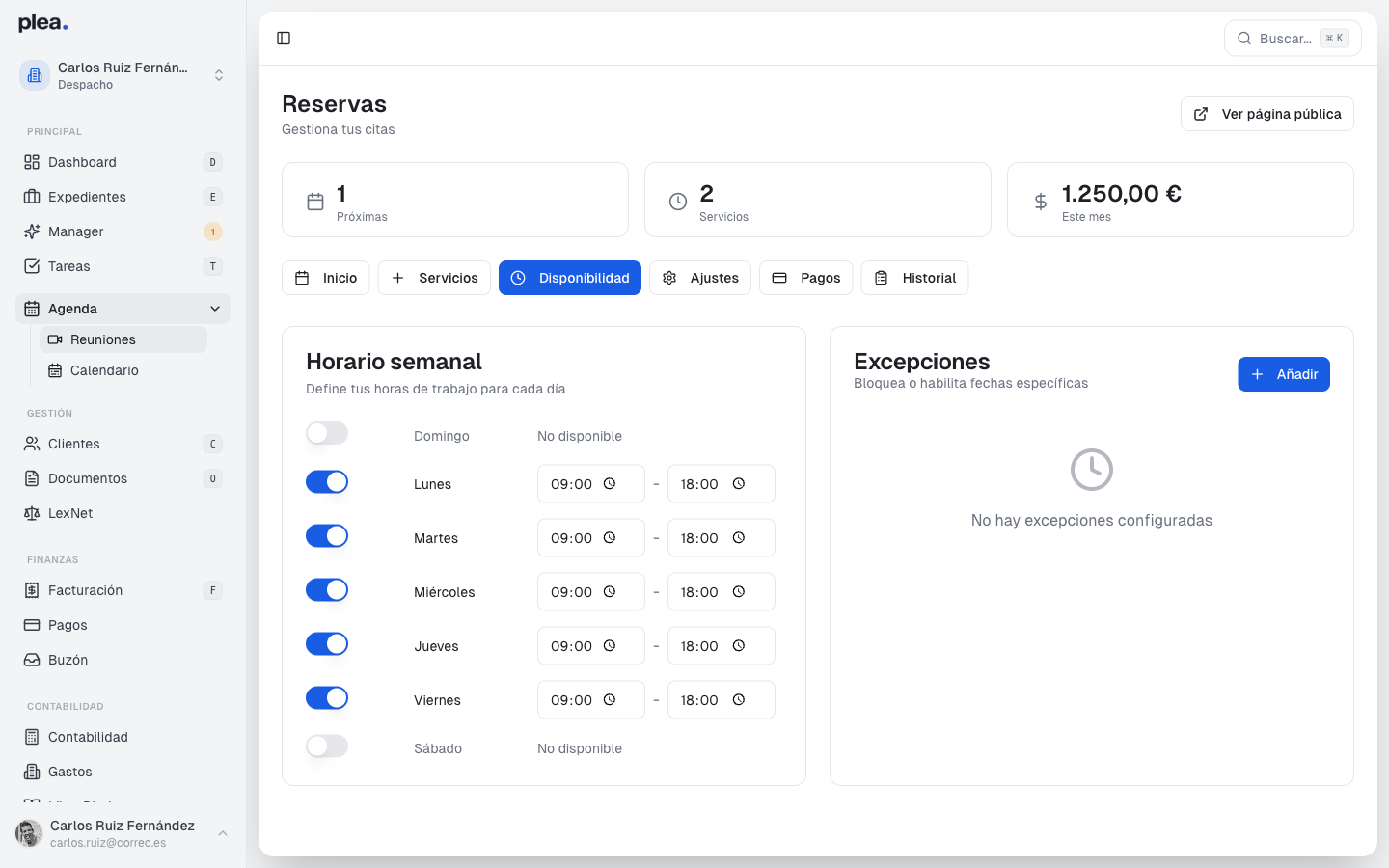 Vista principal de la sección de disponibilidad