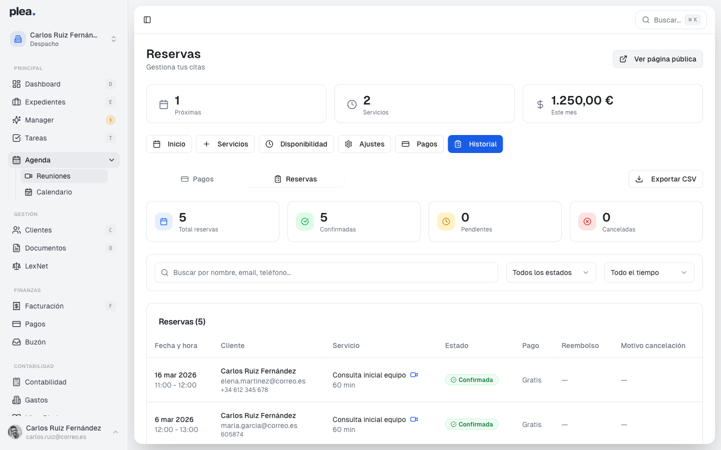 Acceso a la sección Historial