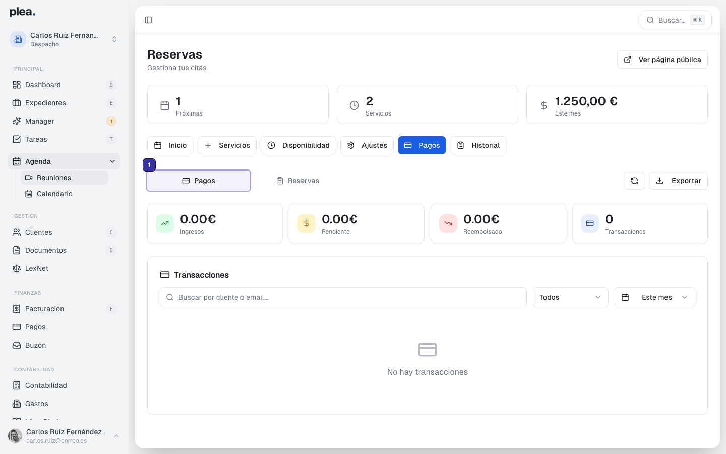 Vista de la sección de pagos
