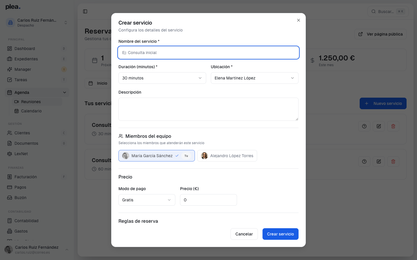 Formulario para crear un nuevo servicio
