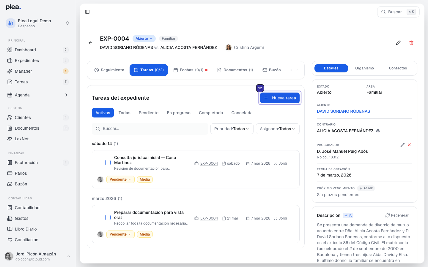 Contenido del tab Tareas