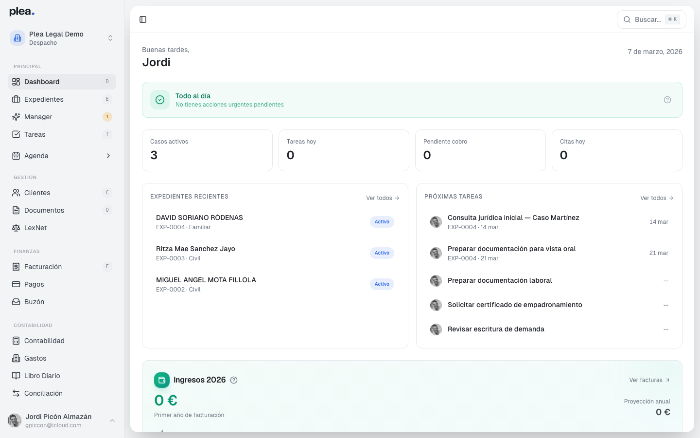 Vista principal del Dashboard