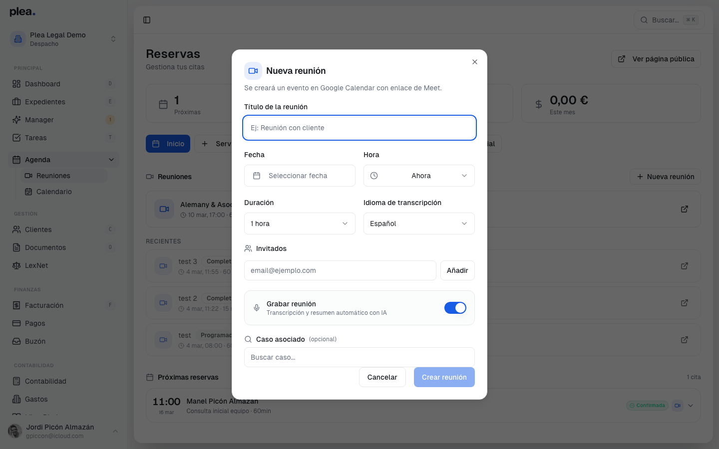 Formulario de nueva reunión