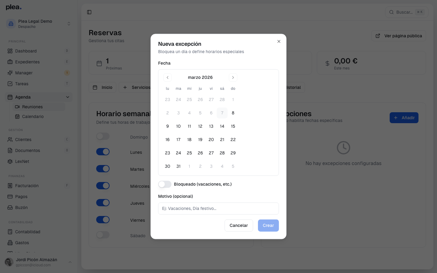 Modal para nueva excepción