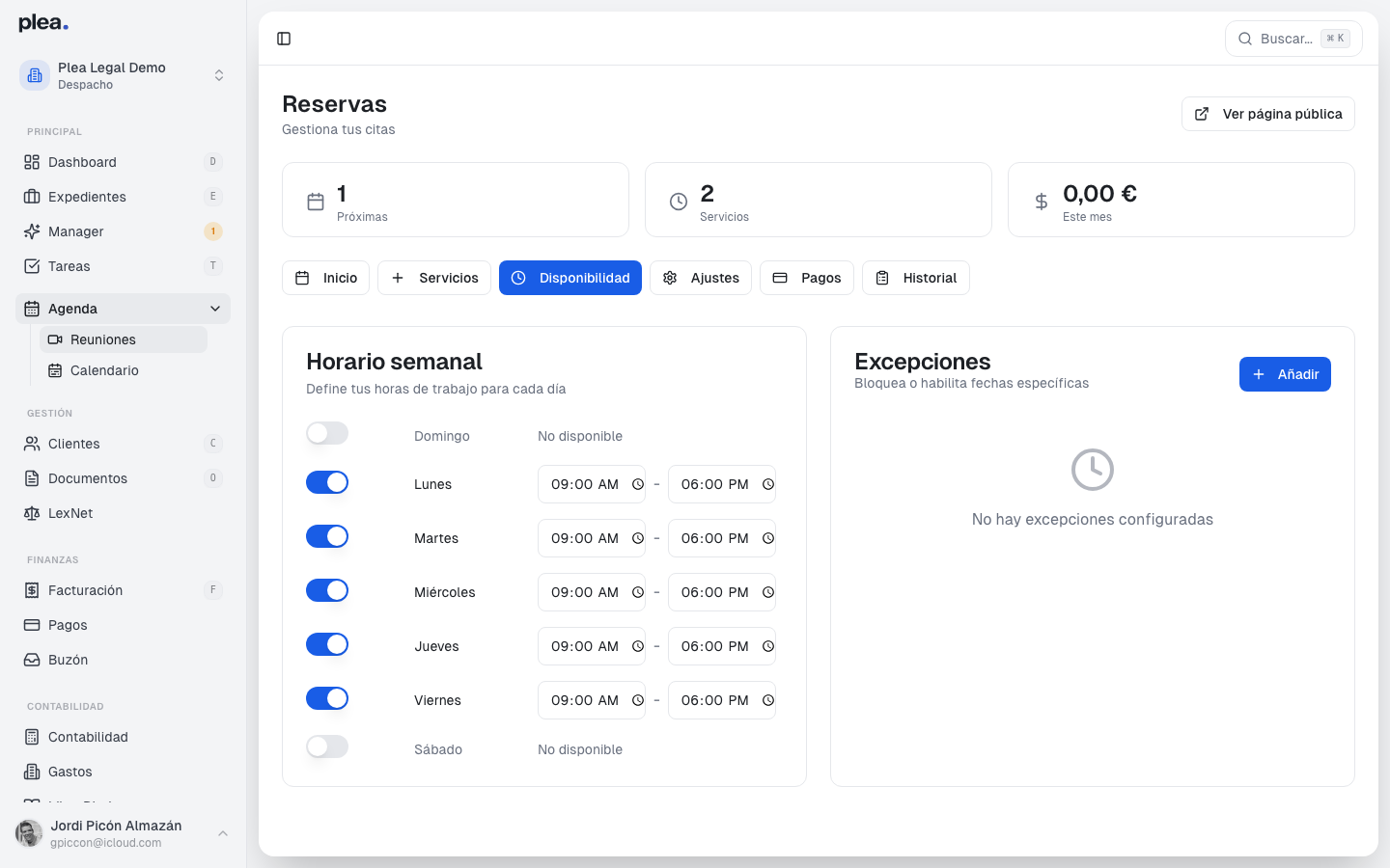 Vista principal de disponibilidad