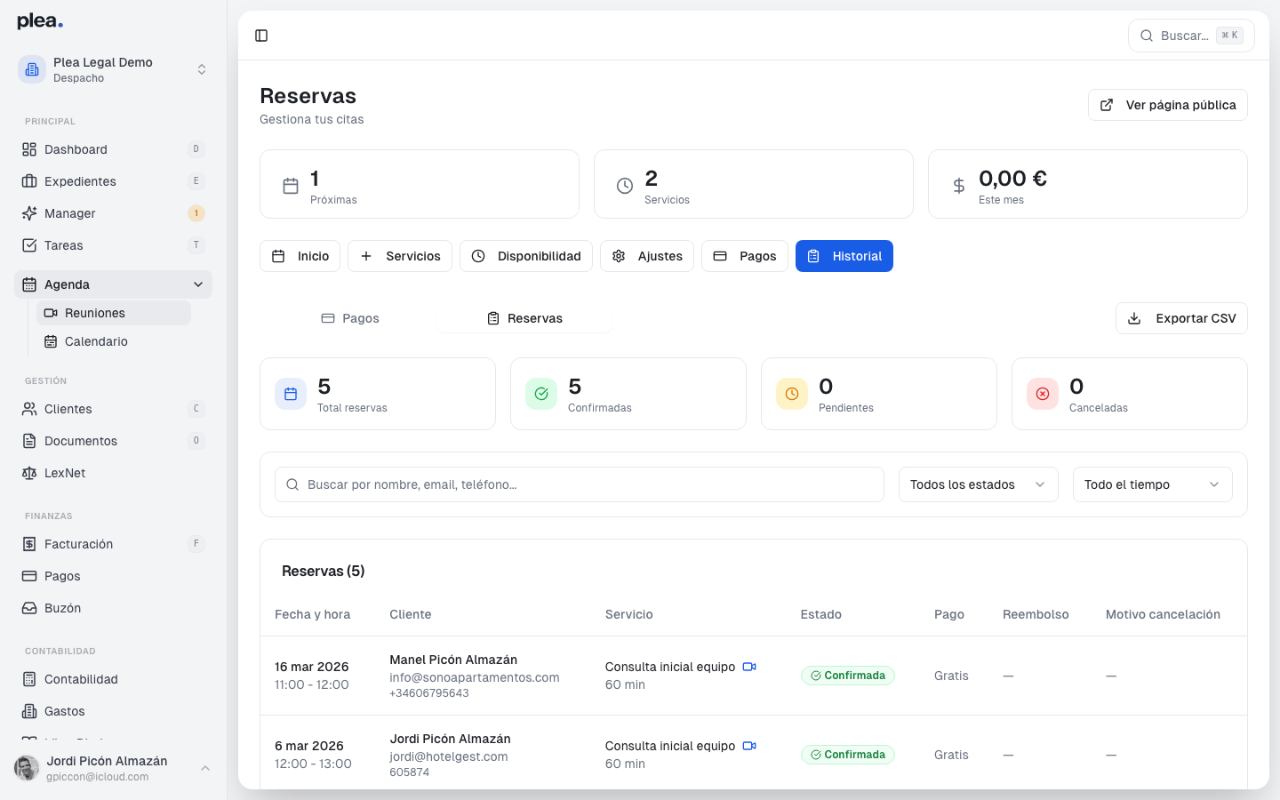 Contenido del tab Reservas
