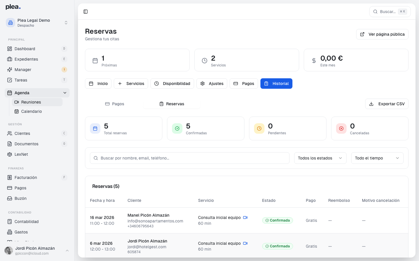 Vista principal del historial de reservas