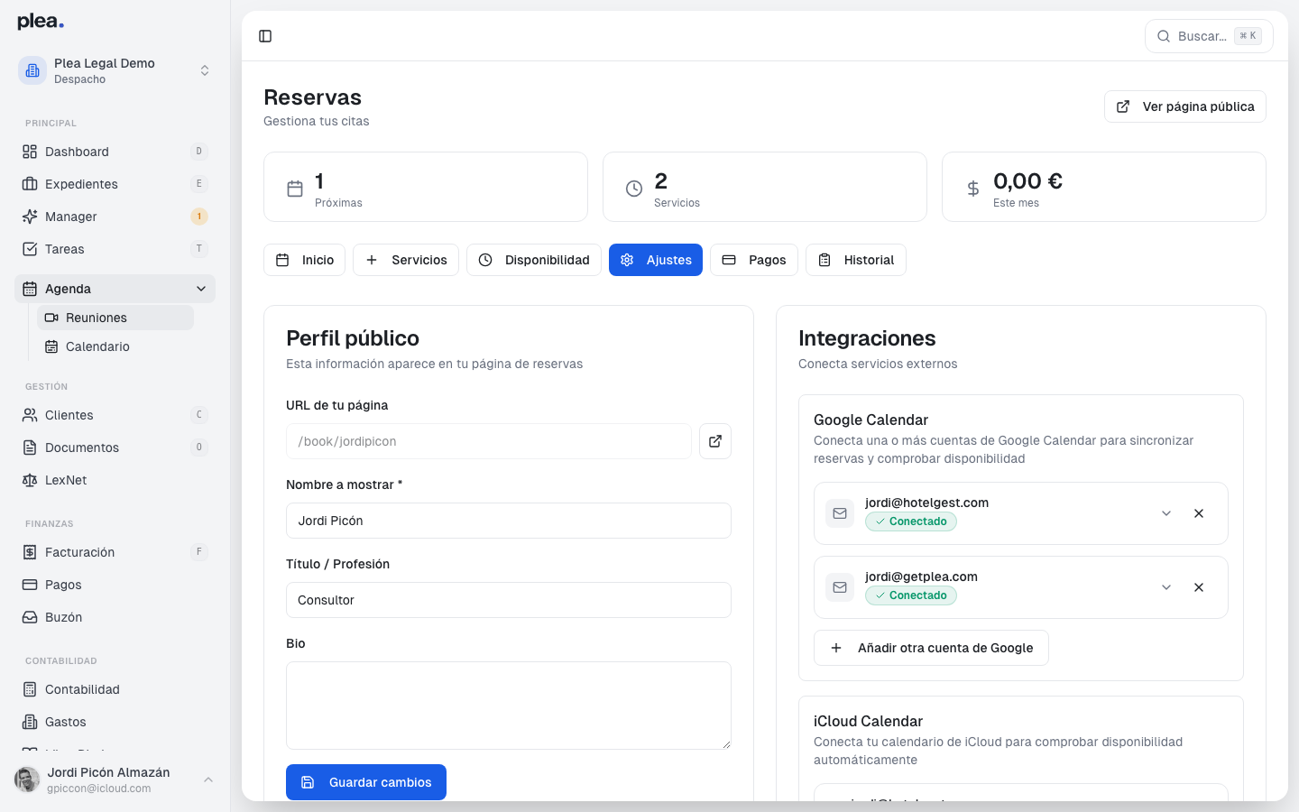 Vista principal de ajustes de reservas